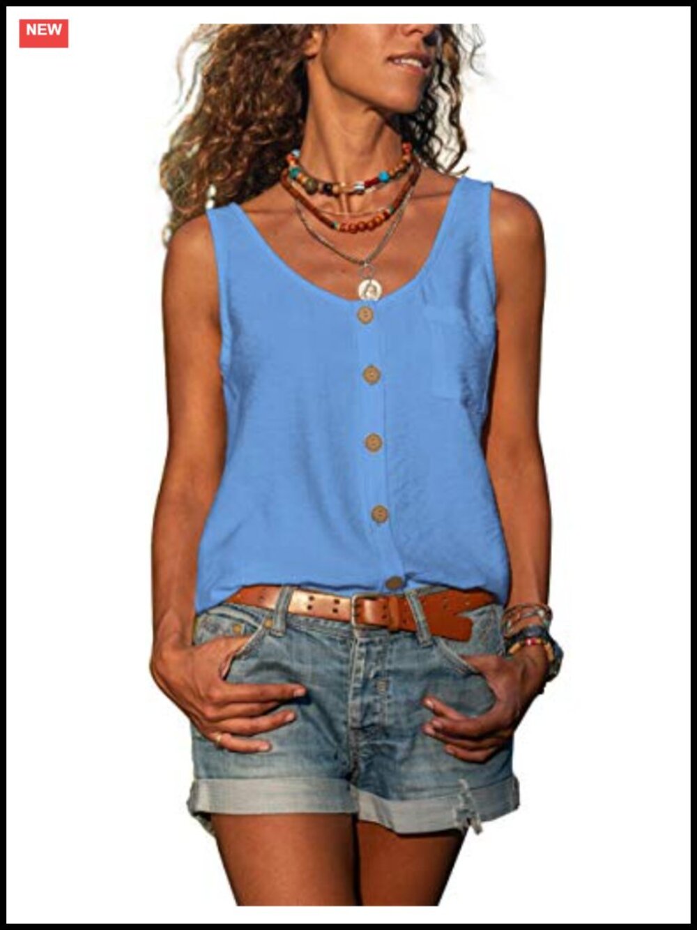 Women's Button Down Tank Top Scoop Neck Sleeveless Loose Fit with Pocket